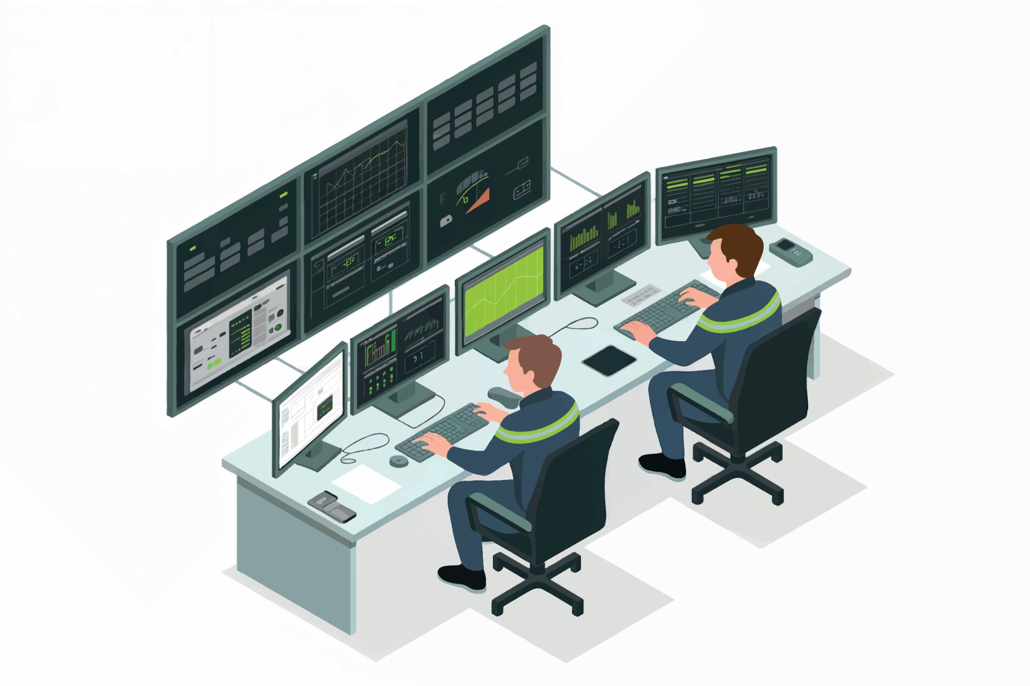 clipart humans overseeing a wall of screens, with AI defending against attacks autonomously 